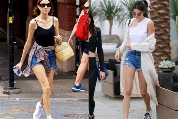 牛仔短裤搭配吊带背心,吊带牛仔裤穿搭