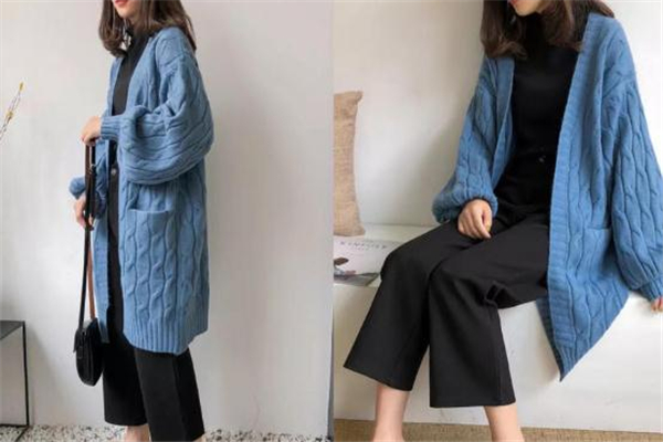 蓝色针织开衫内搭什么比较好看,蓝色针织开衫搭配图片