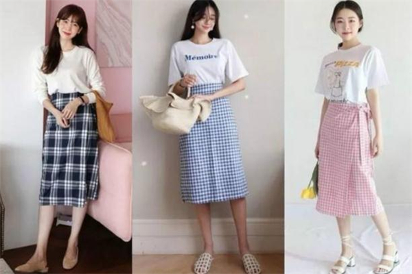 格子包臀裙怎么搭配上衣,T恤搭配裙子图片