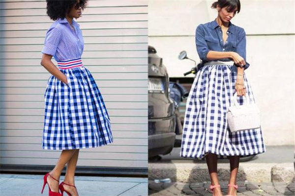 格子衬衫搭配半身裙,格纹半裙穿搭